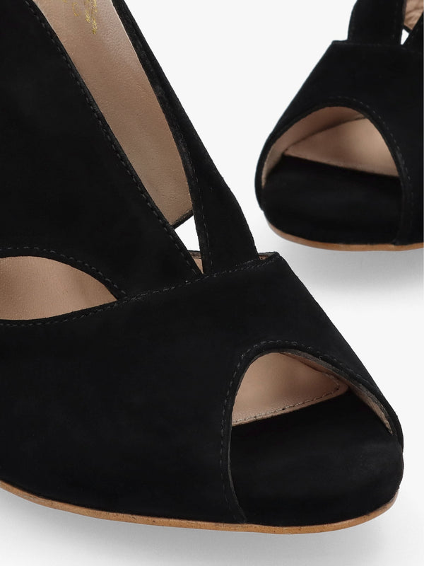 Calencia Black Suede Asymmetric Block Heel Sandals