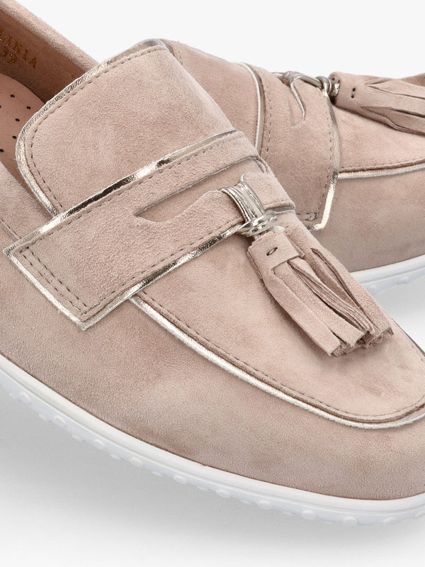 Elinia Beige Suede Tassel Loafers