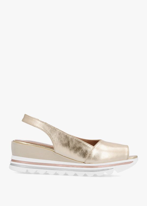 Canna Gold Leather Peep Toe Wedge Sandals