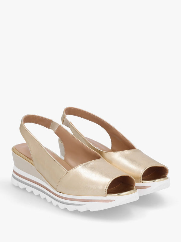 Canna Gold Leather Peep Toe Wedge Sandals