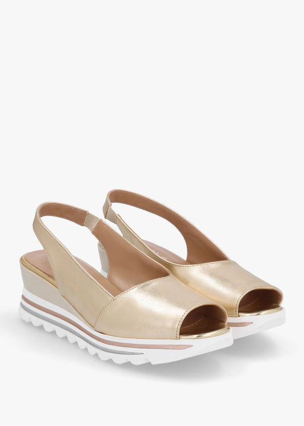 Canna Gold Leather Peep Toe Wedge Sandals
