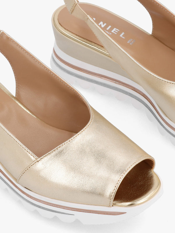 Canna Gold Leather Peep Toe Wedge Sandals