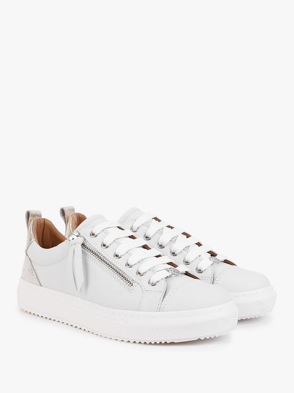 Asinda Off White Leather Reptile Zip Trainers