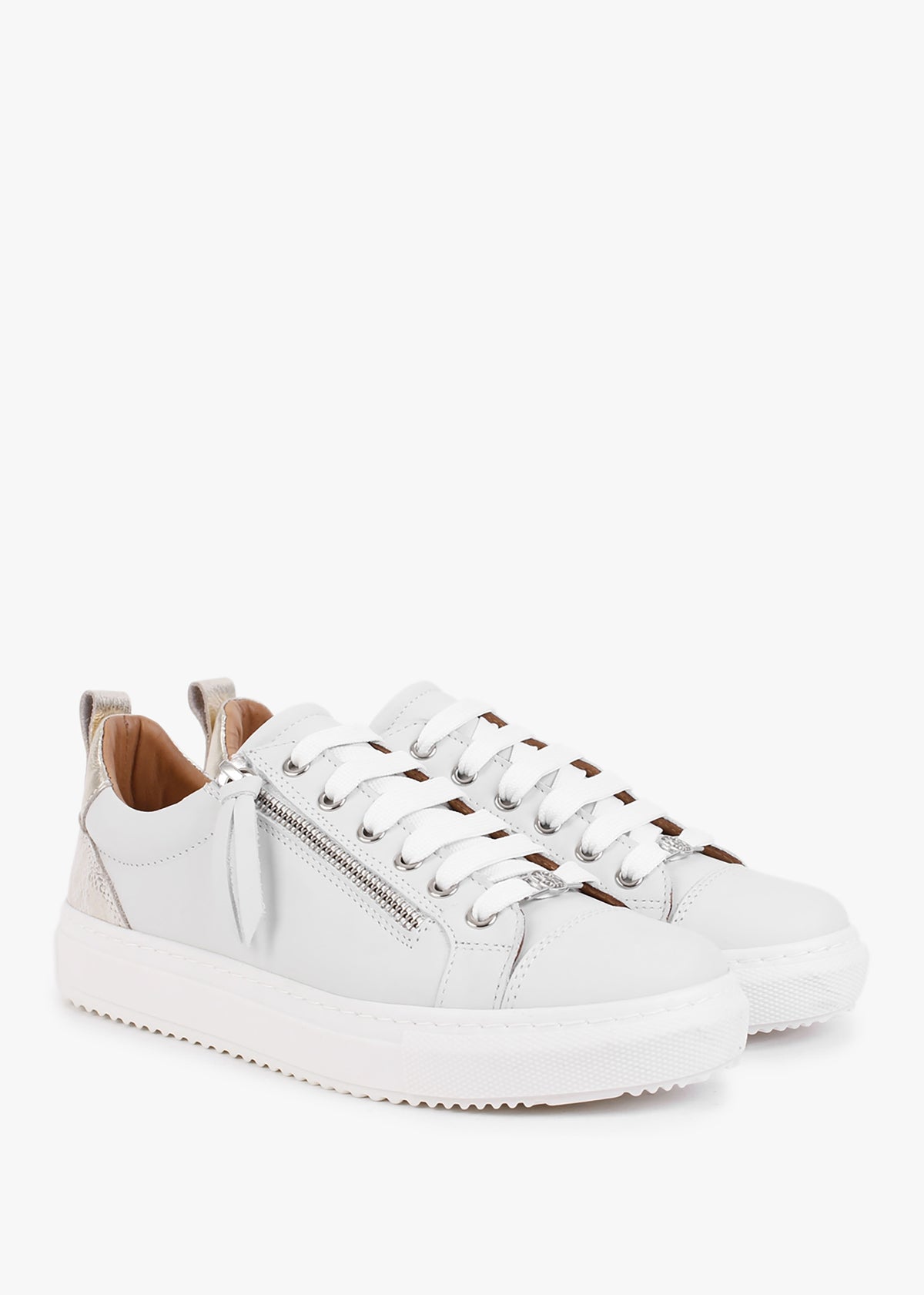 Asinda Off White Leather Reptile Zip Trainers
