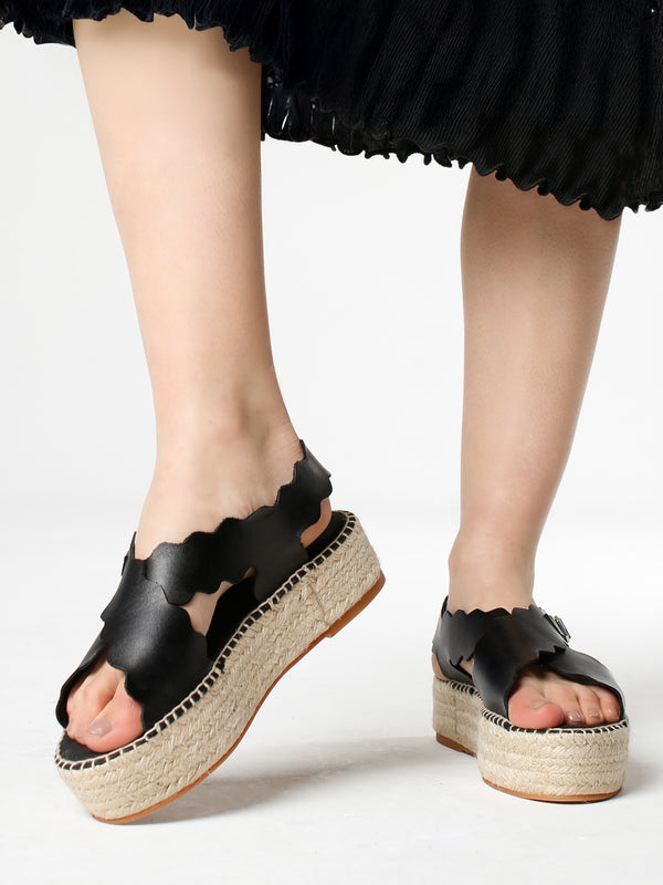 Ifla Black Leather Flatform Espadrille Sandals