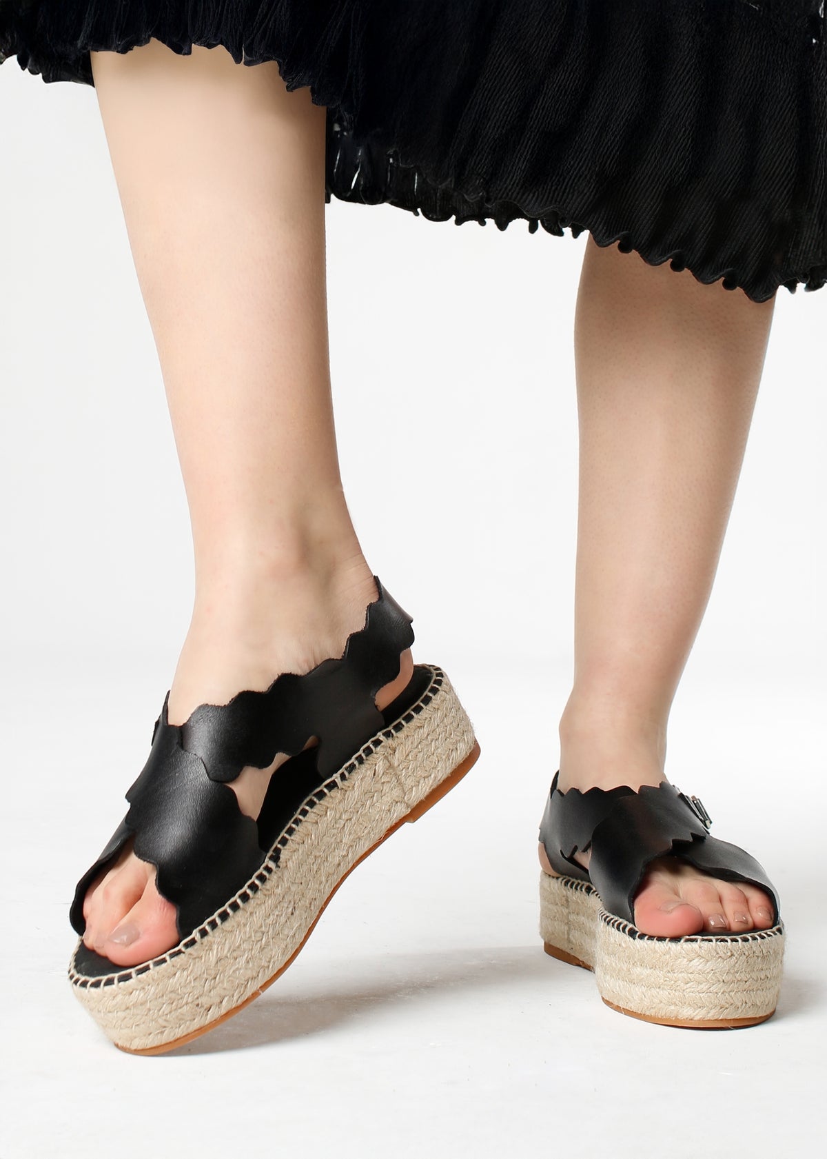 Ifla Black Leather Flatform Espadrille Sandals