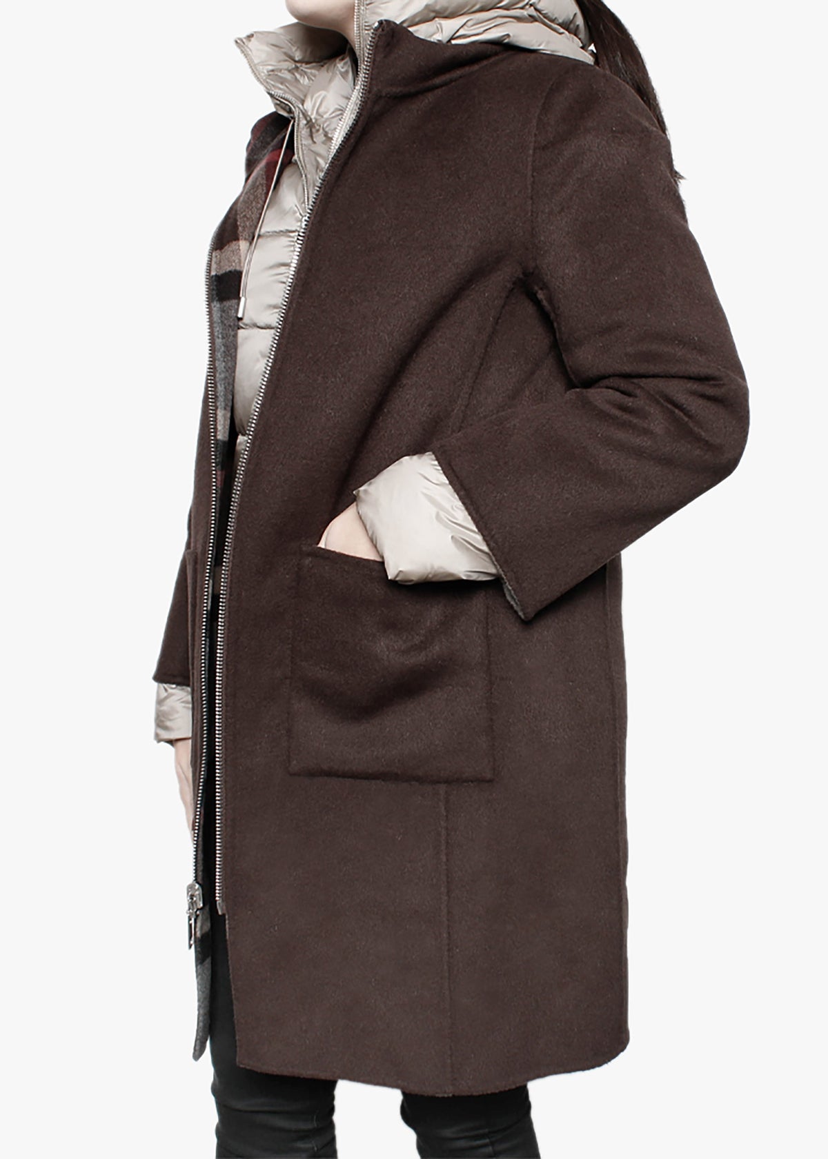 Liliana Brown Checked Wool & Nylon Padded Longline Coat