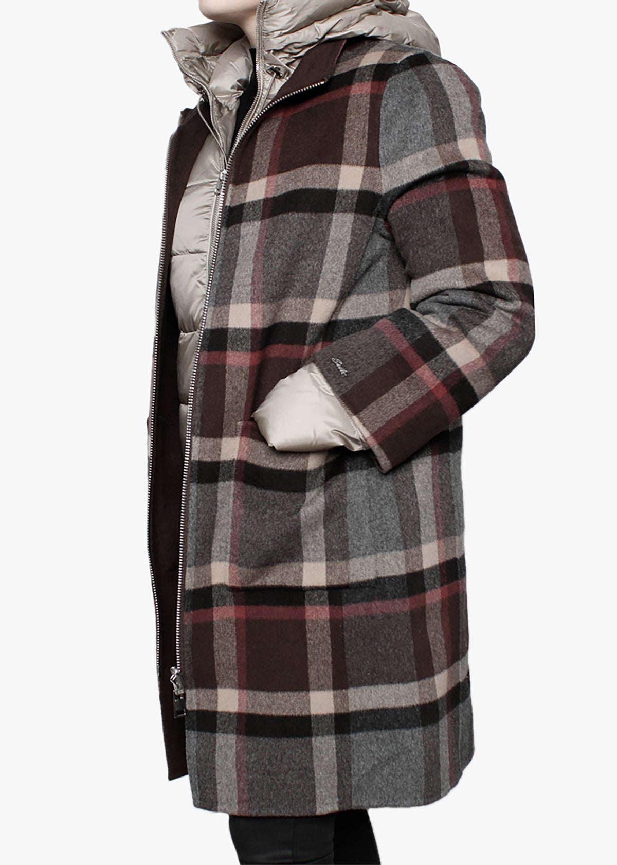 Liliana Brown Checked Wool & Nylon Padded Longline Coat