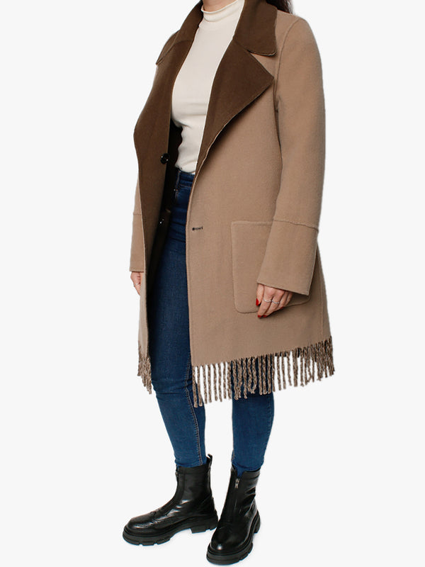 Fabienne Khaki & Beige Reversible Fringed Coat