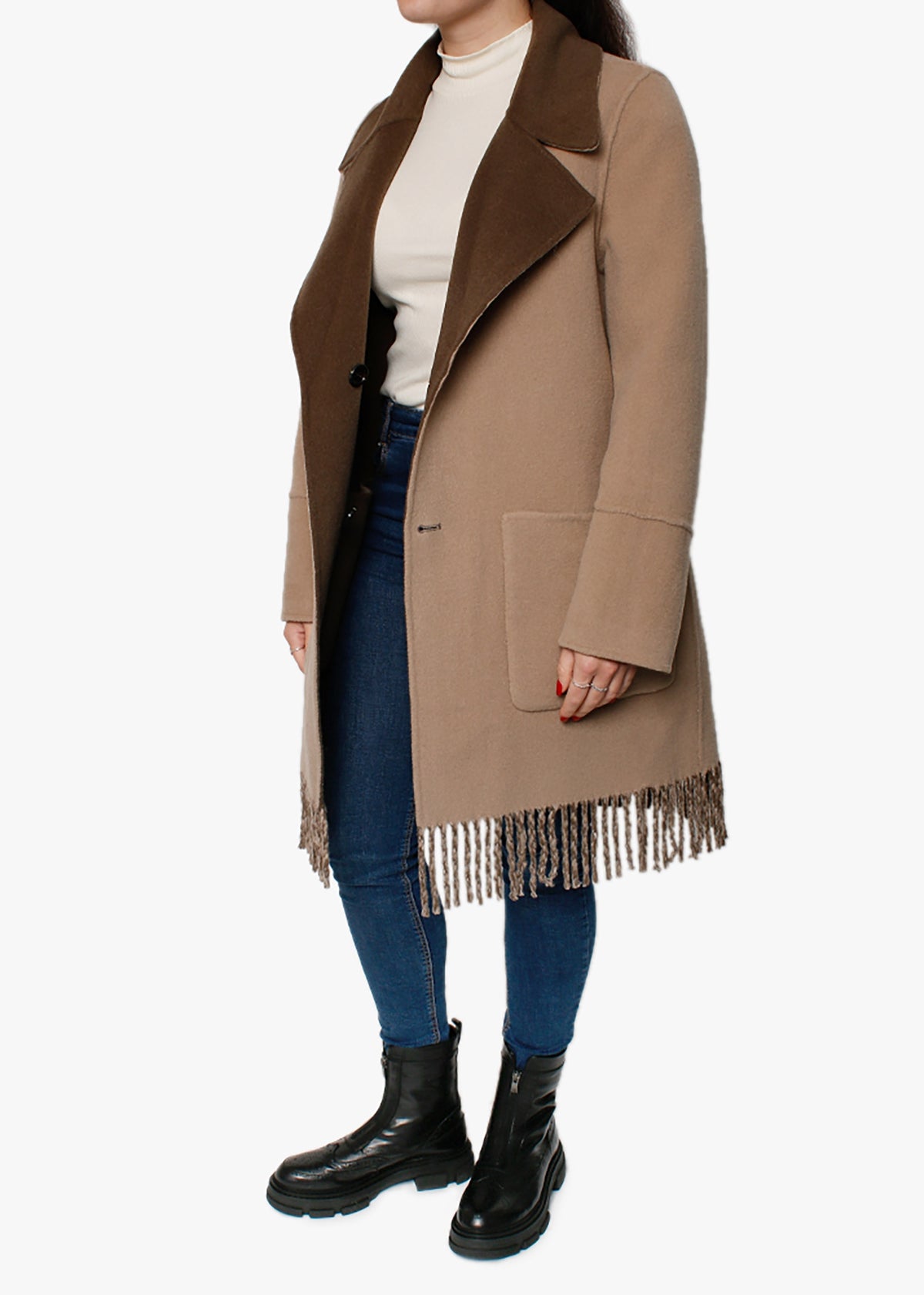 Fabienne Khaki & Beige Reversible Fringed Coat