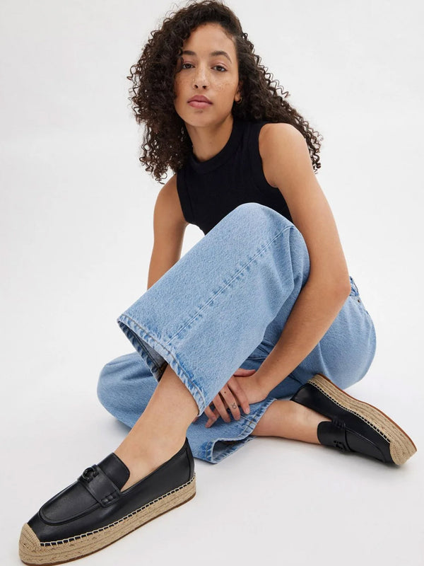 Camilla Black Leather Logo Flat Espadrilles