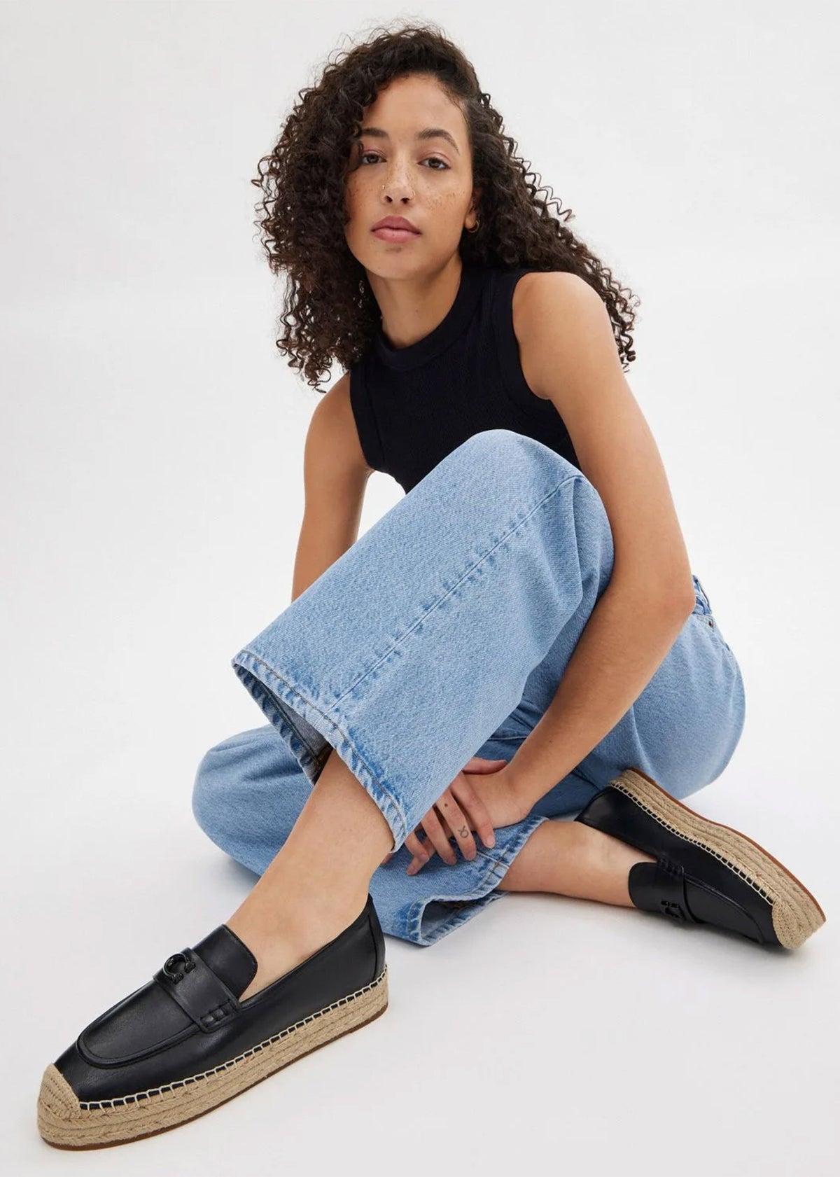 Camilla Black Leather Logo Flat Espadrilles