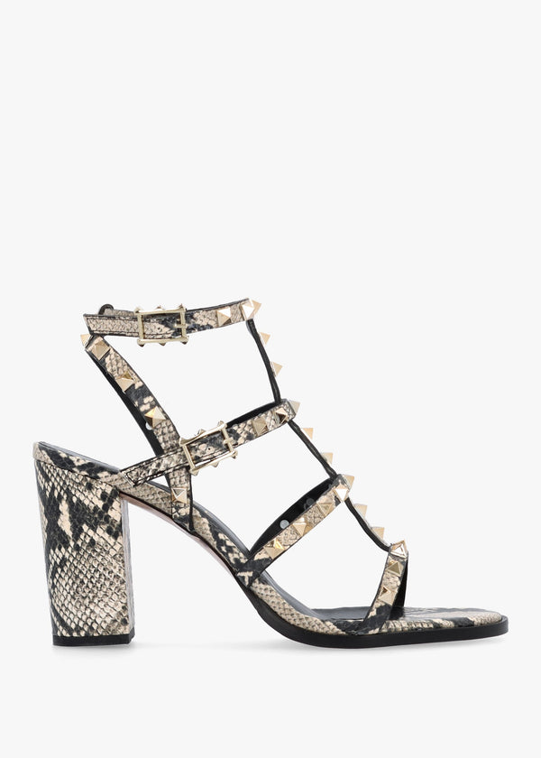 Pitter Beige Reptile Leather Studded Block Heeled Sandals