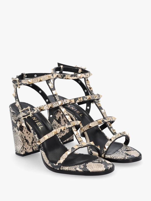 Pitter Beige Reptile Leather Studded Block Heeled Sandals