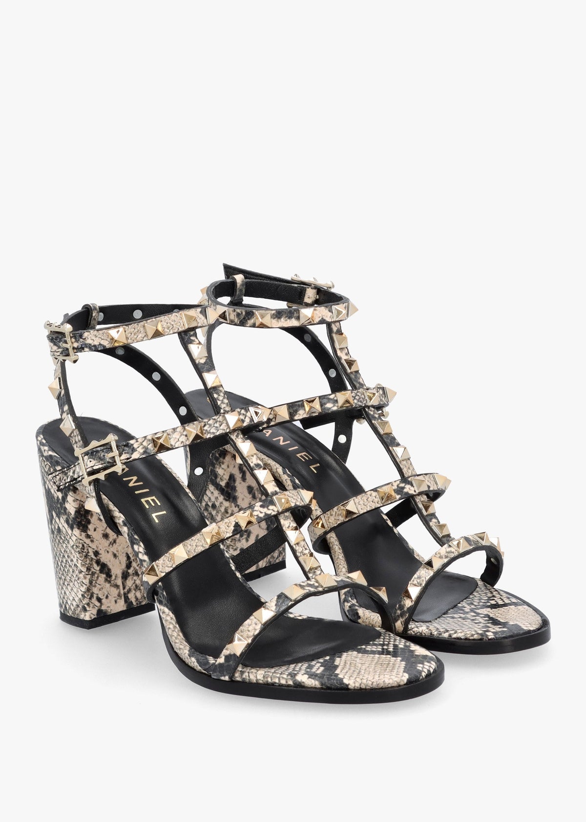 Pitter Beige Reptile Leather Studded Block Heeled Sandals