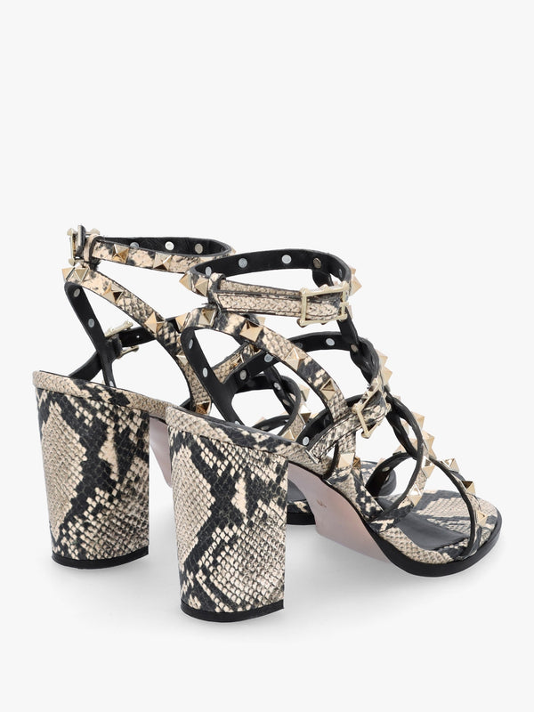 Pitter Beige Reptile Leather Studded Block Heeled Sandals