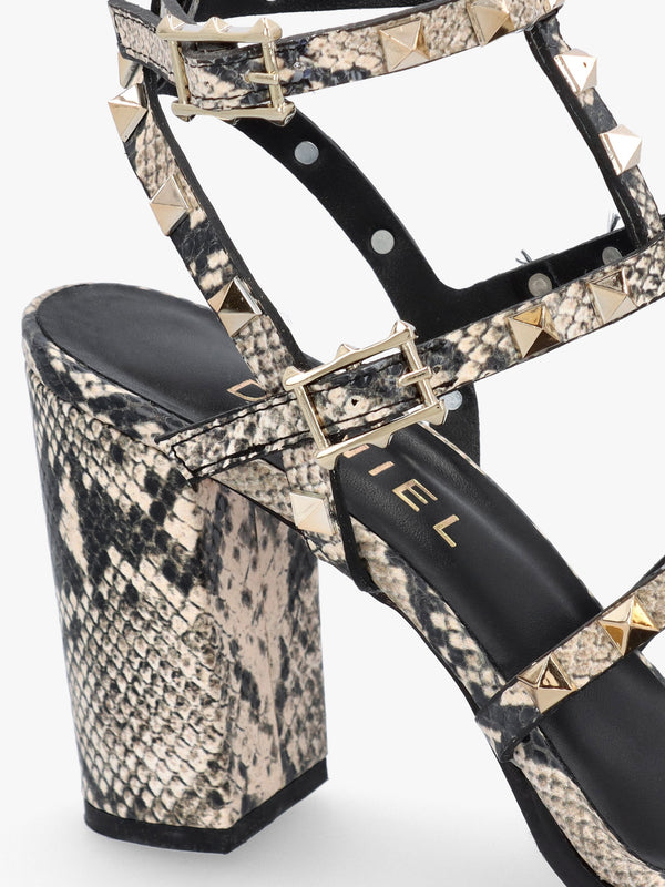 Pitter Beige Reptile Leather Studded Block Heeled Sandals