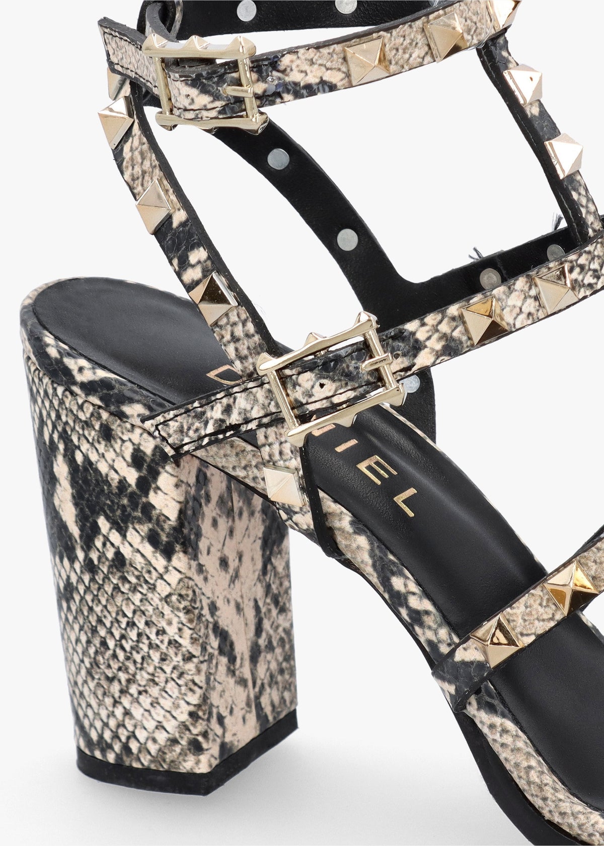 Pitter Beige Reptile Leather Studded Block Heeled Sandals