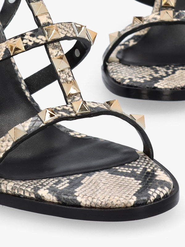 Pitter Beige Reptile Leather Studded Block Heeled Sandals