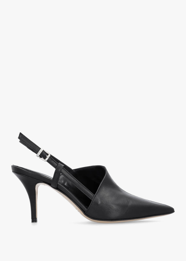 Nammy Black Leather Asymmetric Sling Back Court Shoes