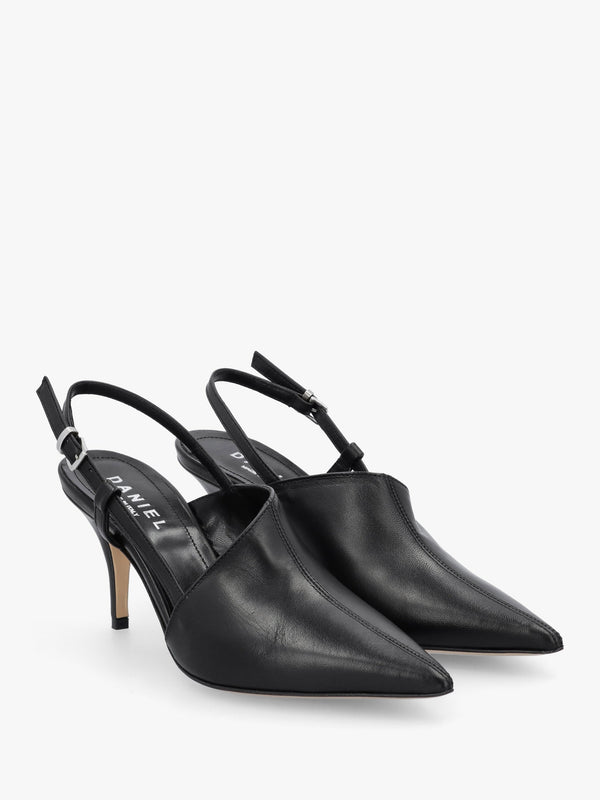 Nammy Black Leather Asymmetric Sling Back Court Shoes