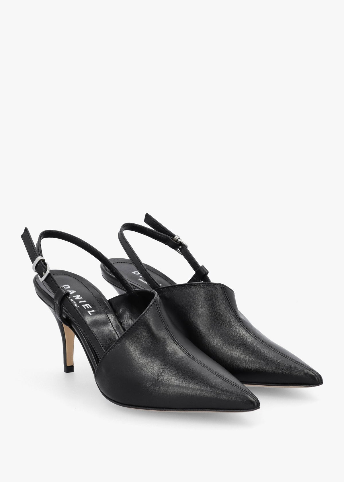 Nammy Black Leather Asymmetric Sling Back Court Shoes