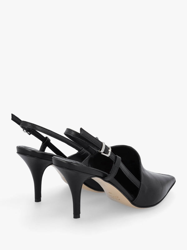 Nammy Black Leather Asymmetric Sling Back Court Shoes