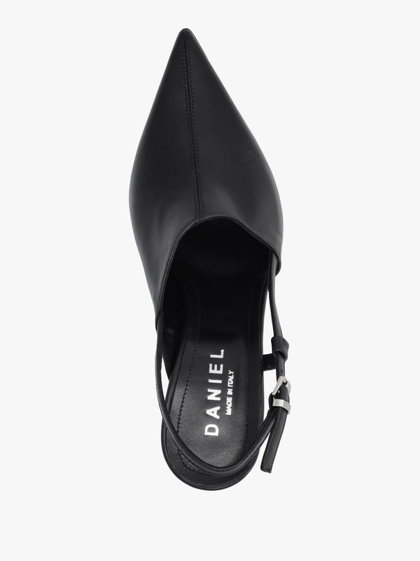 Nammy Black Leather Asymmetric Sling Back Court Shoes