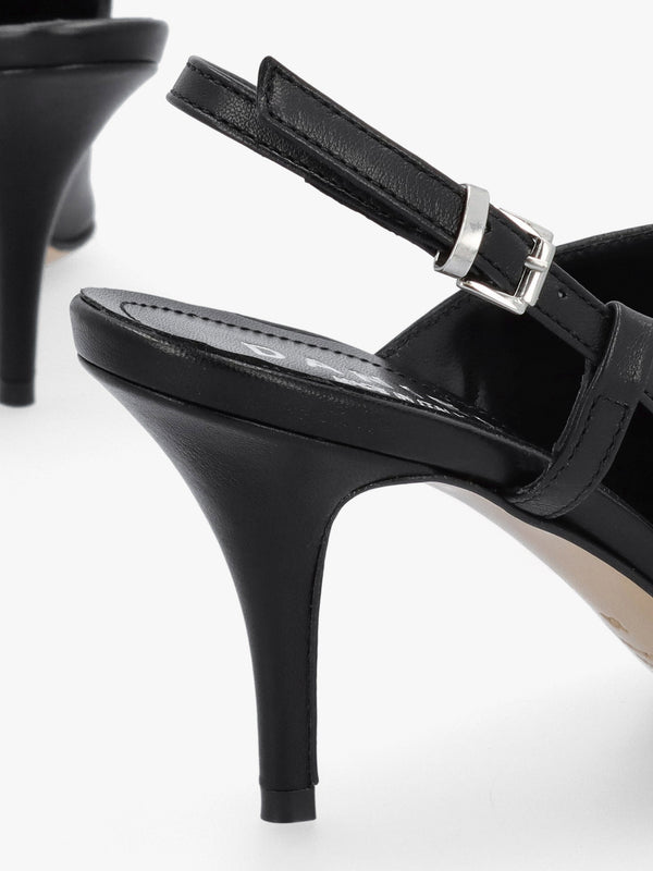 Nammy Black Leather Asymmetric Sling Back Court Shoes
