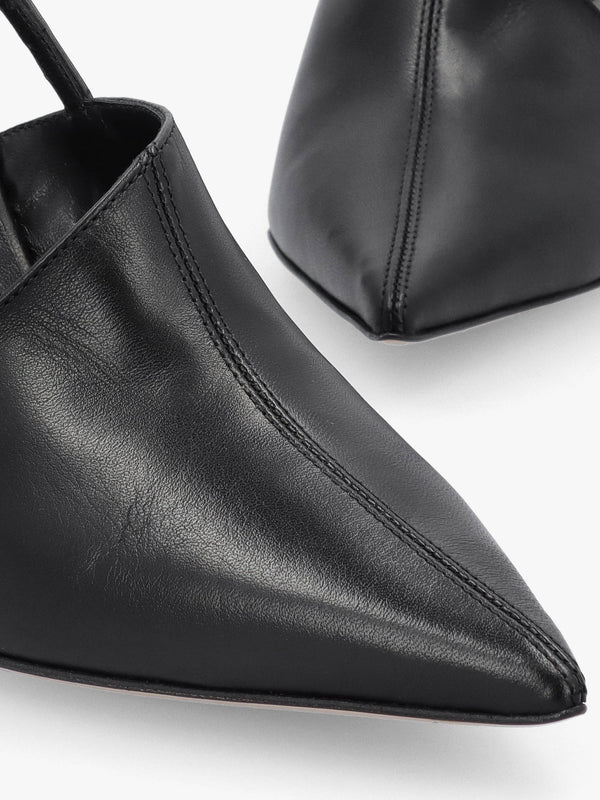 Nammy Black Leather Asymmetric Sling Back Court Shoes