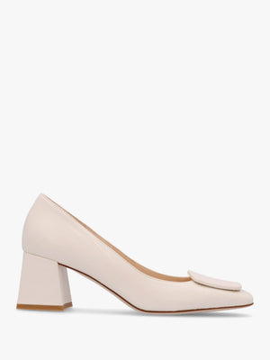 Nessie Cream Leather Block Heel Court Shoes