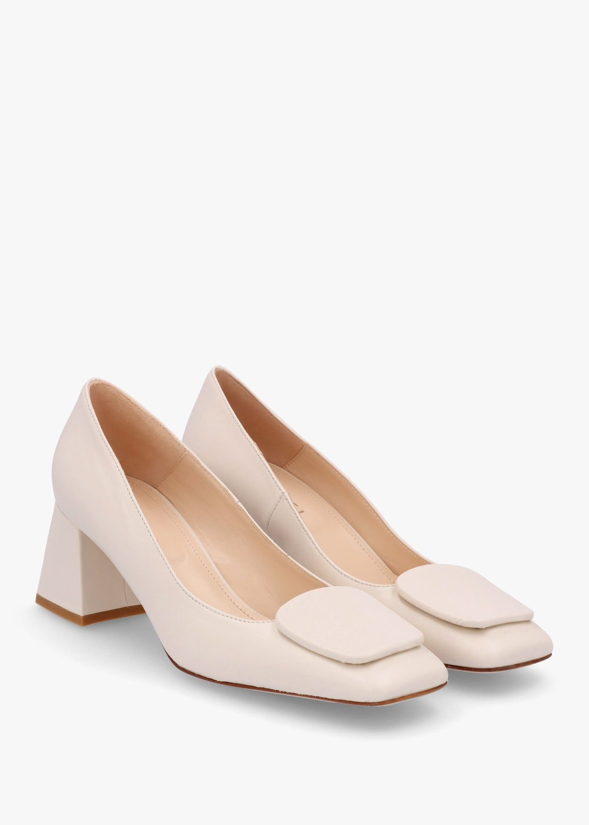 Nessie Cream Leather Block Heel Court Shoes
