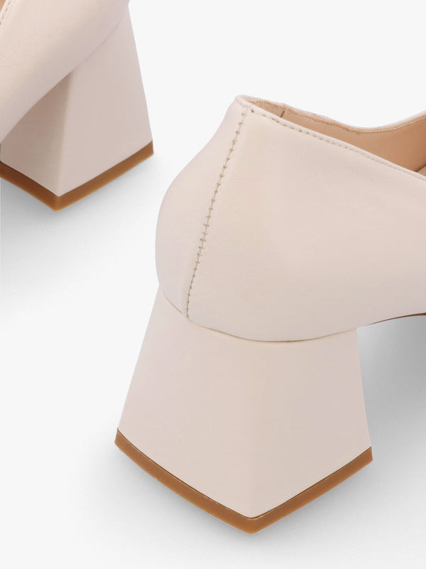 Nessie Cream Leather Block Heel Court Shoes