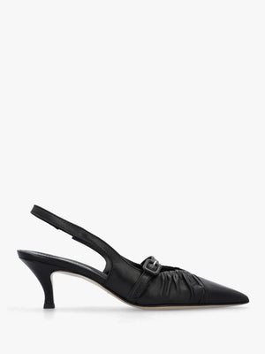Nouche Black Leather Rouched Kitten Heel Sling Backs