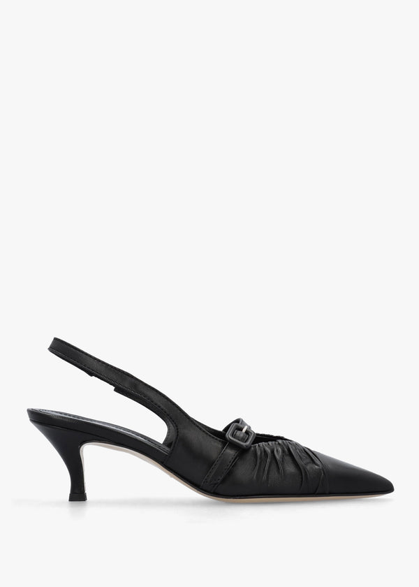 Nouche Black Leather Rouched Kitten Heel Sling Backs