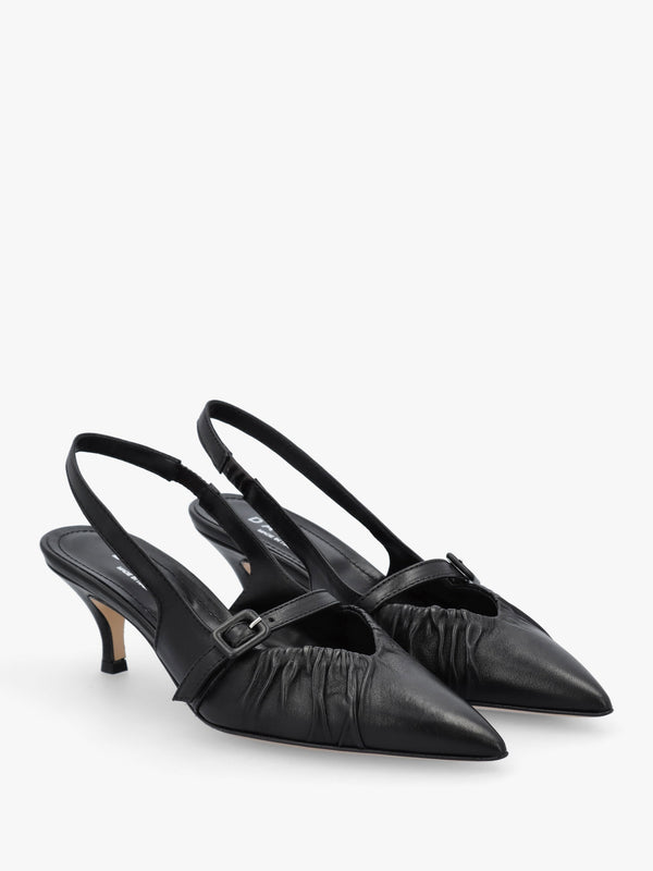 Nouche Black Leather Rouched Kitten Heel Sling Backs