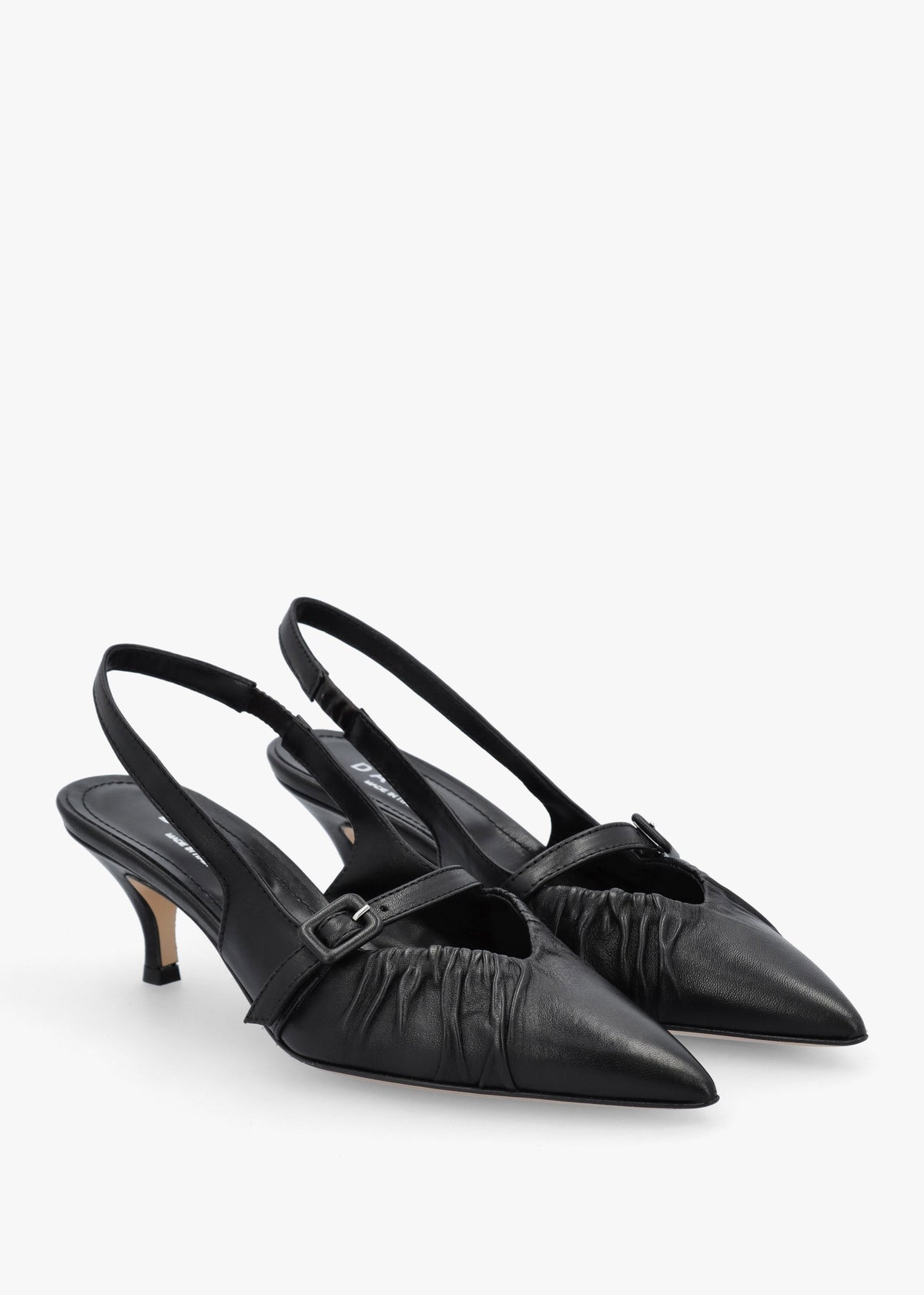Nouche Black Leather Rouched Kitten Heel Sling Backs