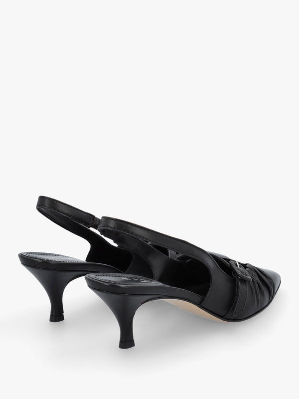 Nouche Black Leather Rouched Kitten Heel Sling Backs