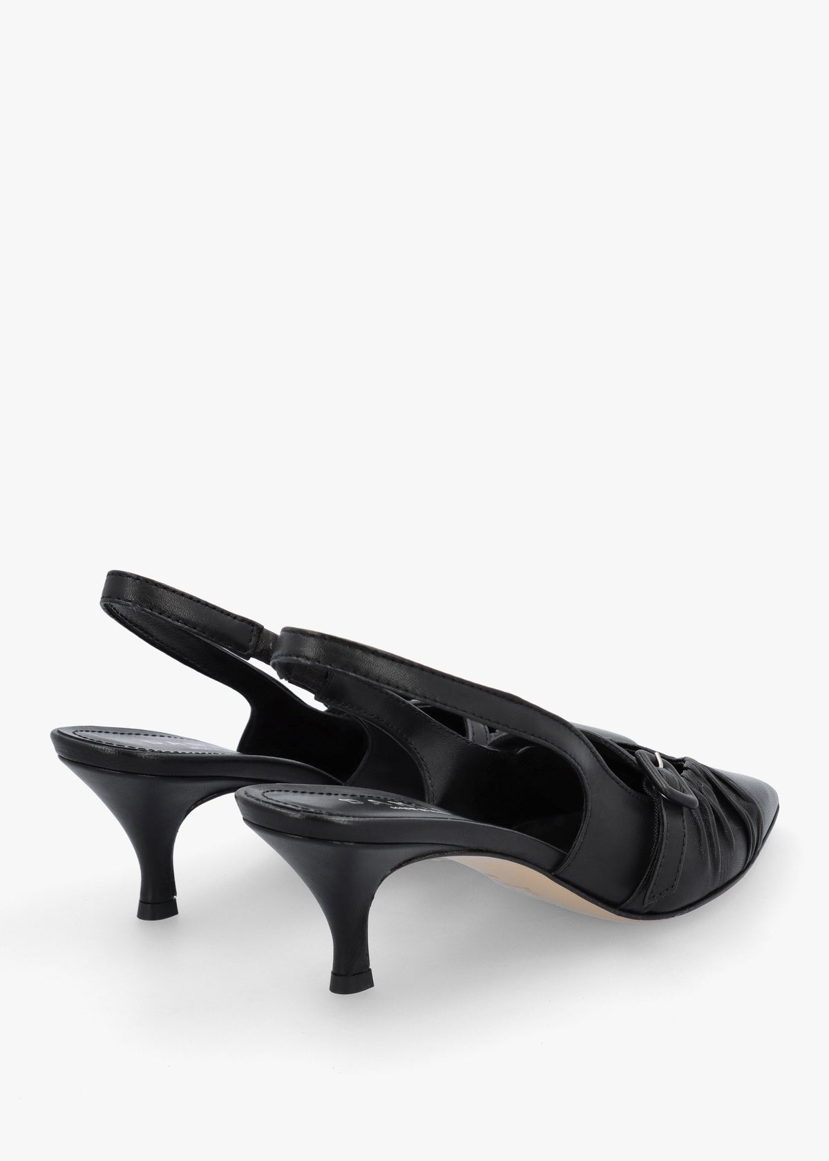 Nouche Black Leather Rouched Kitten Heel Sling Backs
