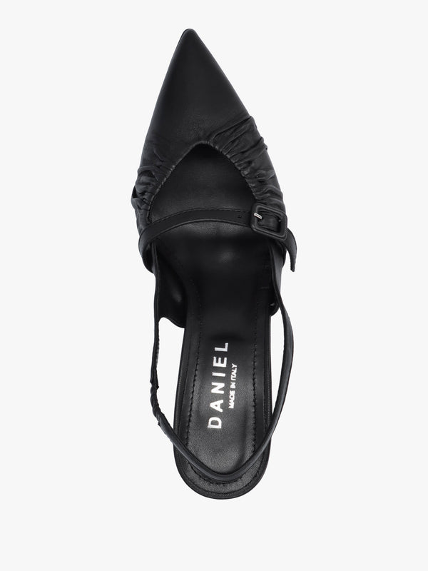 Nouche Black Leather Rouched Kitten Heel Sling Backs