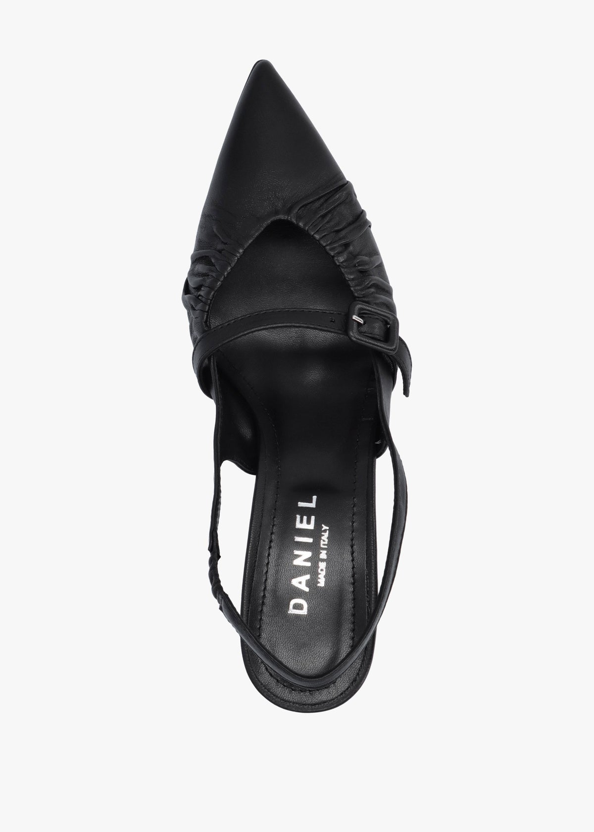 Nouche Black Leather Rouched Kitten Heel Sling Backs