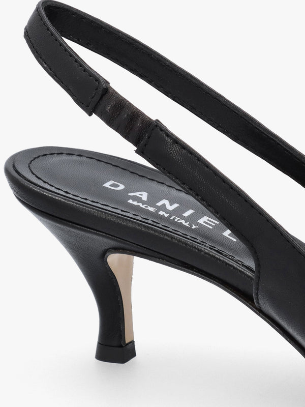 Nouche Black Leather Rouched Kitten Heel Sling Backs