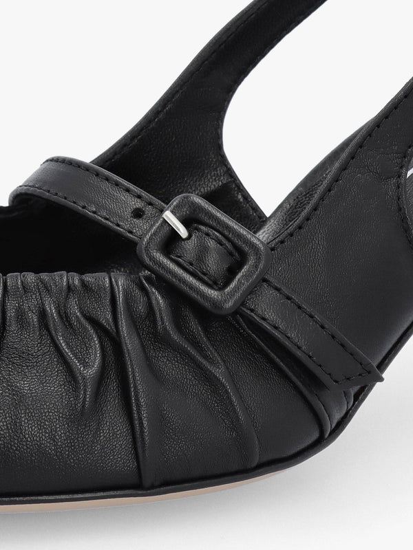 Nouche Black Leather Rouched Kitten Heel Sling Backs