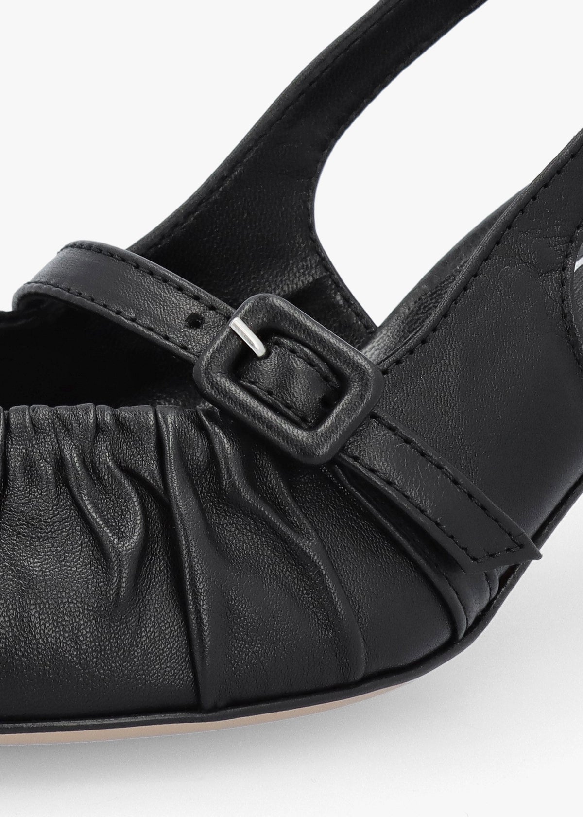 Nouche Black Leather Rouched Kitten Heel Sling Backs