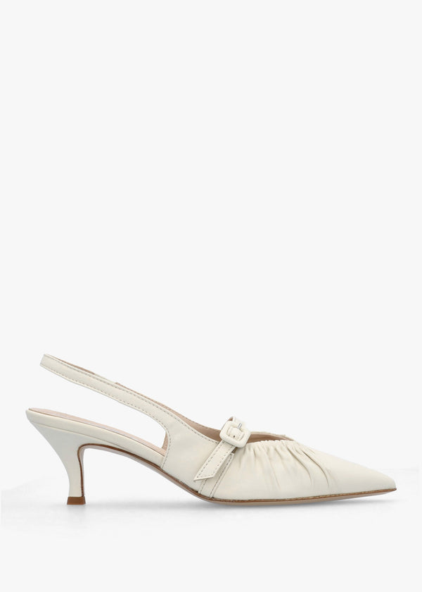 Nouche Cream Leather Rouched Kitten Heel Sling Backs