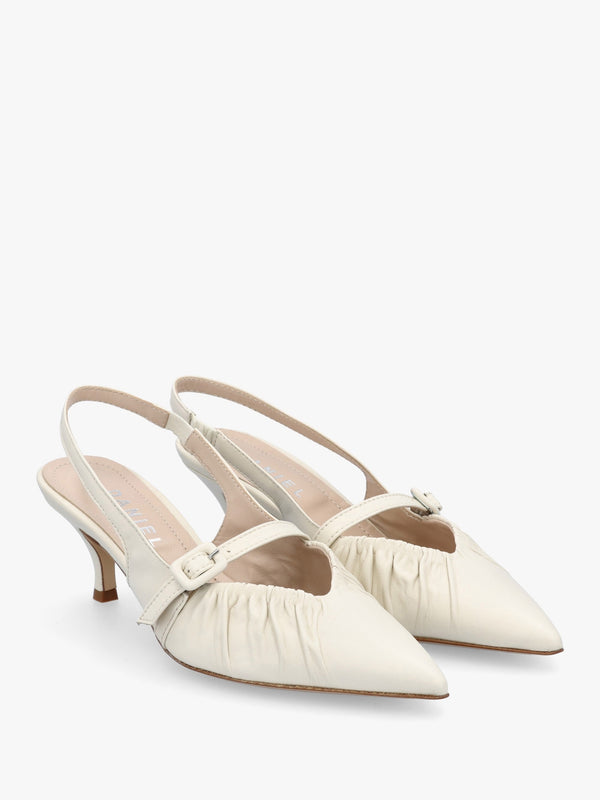 Nouche Cream Leather Rouched Kitten Heel Sling Backs