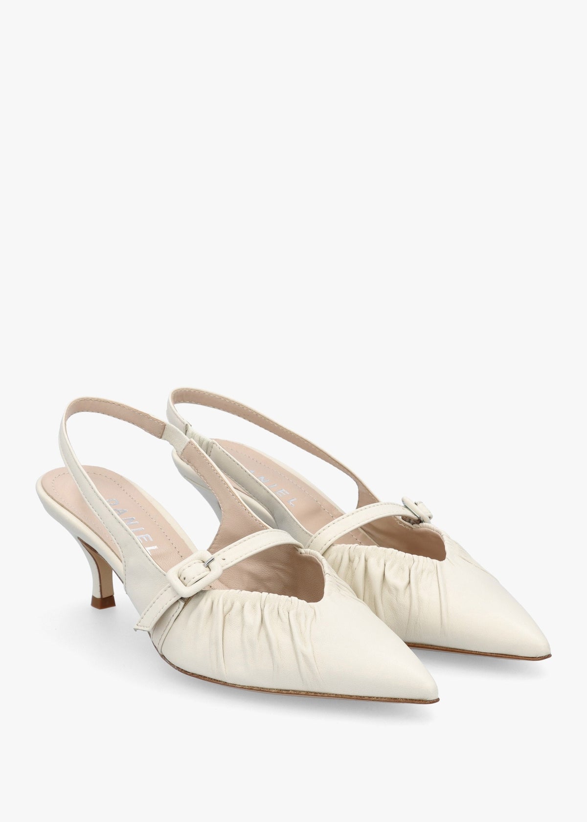 Nouche Cream Leather Rouched Kitten Heel Sling Backs
