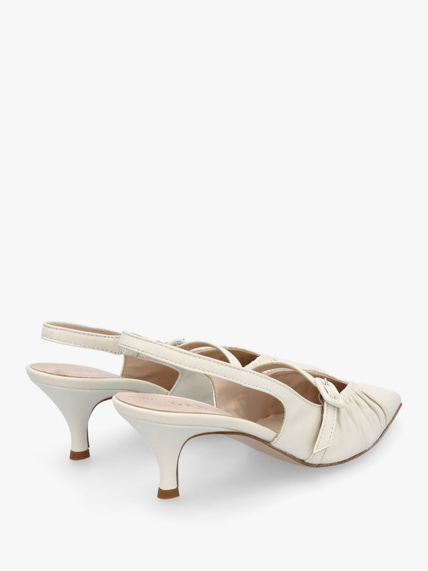 Nouche Cream Leather Rouched Kitten Heel Sling Backs