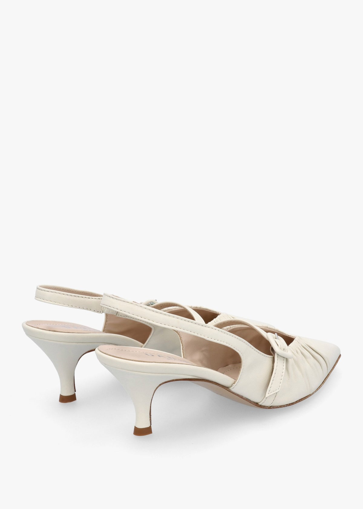 Nouche Cream Leather Rouched Kitten Heel Sling Backs