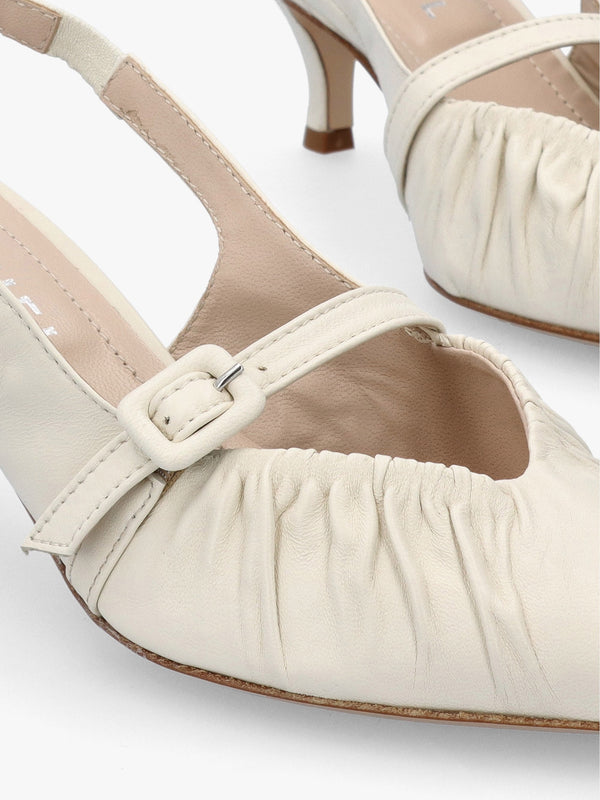 Nouche Cream Leather Rouched Kitten Heel Sling Backs